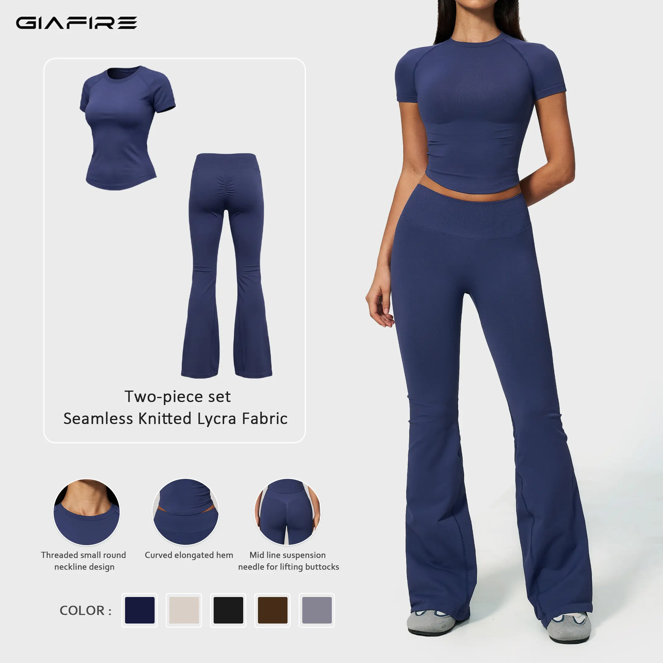 GIAFIRE Women's Seamless LYCRA Ultra-Stretch Yoga Set, breathable, sweat-wicking and skin-friendly fitted short-sleeve top with high-waisted hip-lifting flare yoga pants, suitable for Pilates, gym, outdoor running and daily casual wear