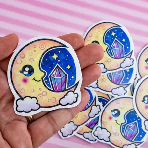 Vinyl Gloss Holographic Sticker - 2 1/4" Moon and Crystals - Original Design with Unique Holographic Finish vinyl sticker