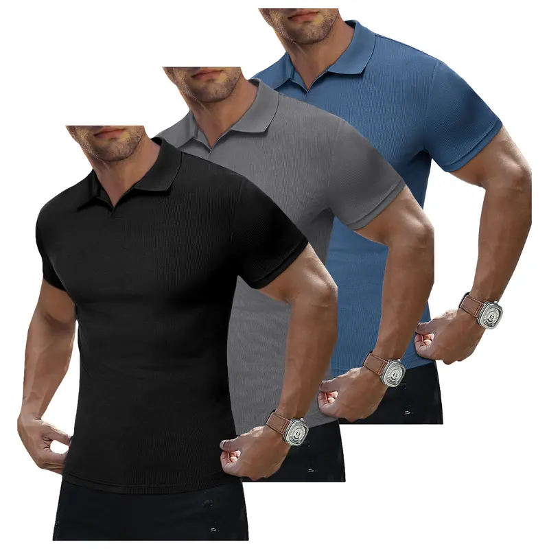 JMIERR Men's Muscle V Neck Polo Shirts Casual Short Sleeve Slim Fit Ribbed Golf T Shirt Athletic Tee