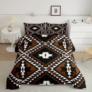 3-Piece Western Style Bedding Set, Aztec Bohemian Geometric Pattern, Cotton Material, Ideal for Adults' Bedroom Decor