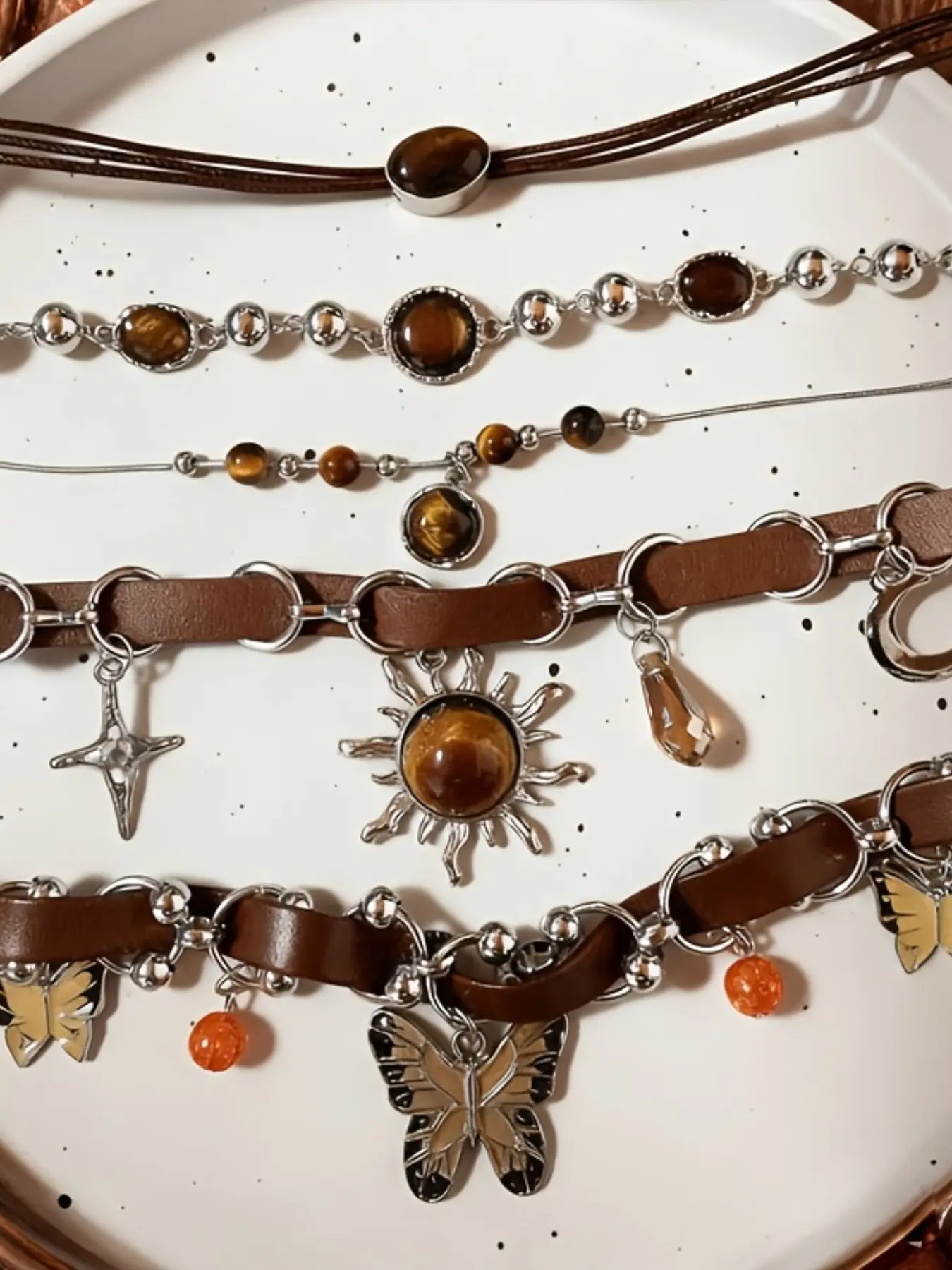 Vintage Bohemian Punk Style Choker Set, Leather Chain Necklace, Dangling Charms Necklace, Tiger Eye Stone Sun Pendant, Butterfly Charm, Layered Ethnic Jewelry, Dainty Layering Jewelry, Boho Style Jewelry, Dainty Necklaces