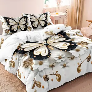Butterfly & Flower Print Bedding Set, Decorative Bedding Set, Including 1 Duvet Cover & 1 or 2 Pillowcases without Filler, Bedding Supplies for Home Bedroom Hotel ,Bedding Supplies for Home Bedroom Hotel, Soft for All Seasons