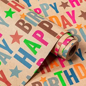 Birthday Paper Gift Wrap Roll, Multi-Color 'happy Birthday' Print, 43.2cm X 300cm, Ideal for Parties, DIY Decorations, Celebrations