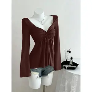 Women's Casual Twist Front V-Neck Long Sleeve T-Shirt, Versatile New Style,