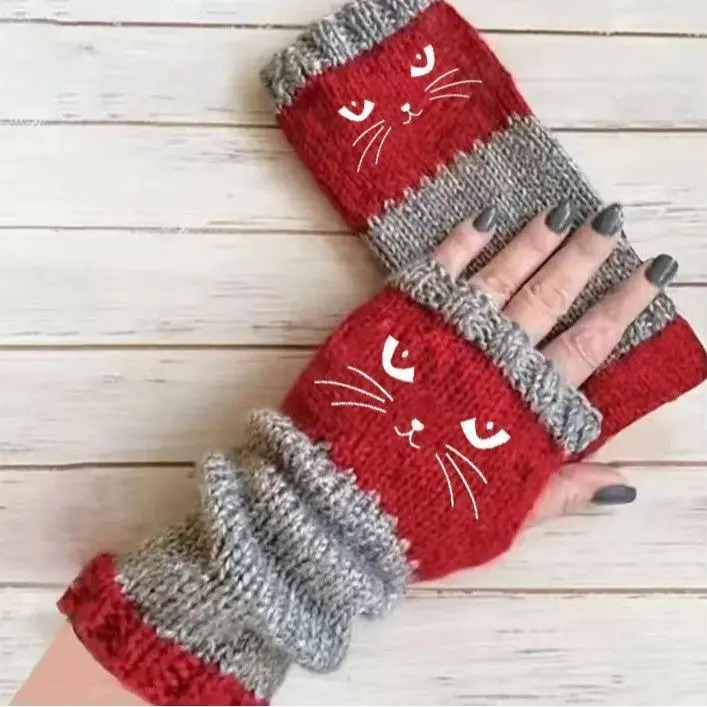 Cat Embroidery Womens Knitted Fingerless Gloves Cozy and Stylish Hand Warmers for Casual Winter Wear and Holiday Season Outfits