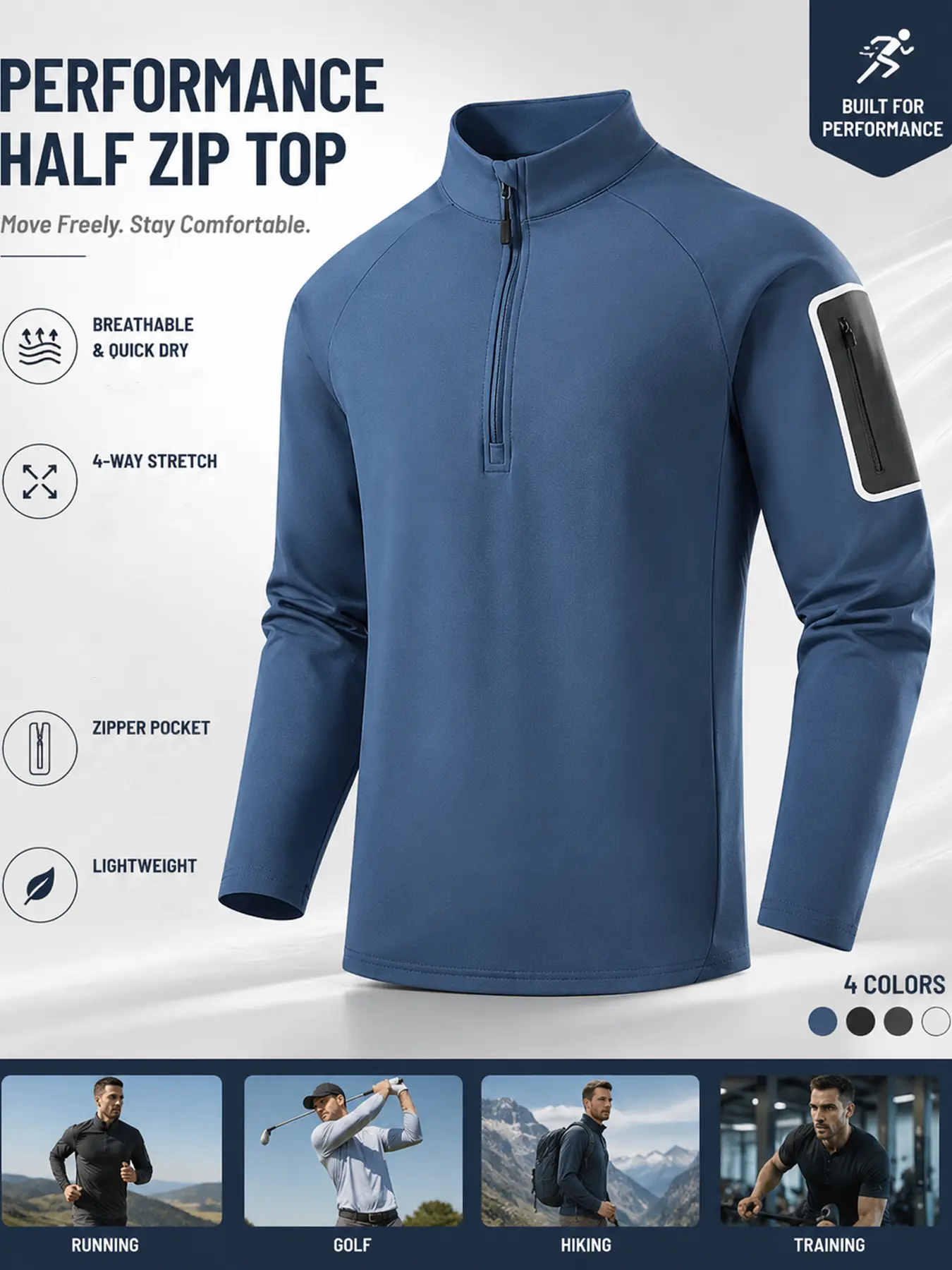 Men's casual quick-dry long-sleeve half-zip base layer top for commuting, golf, and multi-purpose wear