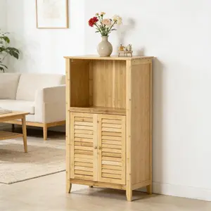 [Fahuac] Natural Bamboo Bathroom Floor Cabinet with Doors, 3-Tier Slim Storage Organizer Tower, Freestanding Toilet Paper Holder Stand, Storage Tall Cupboards for Small Spaces
