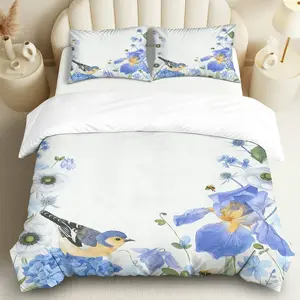 3PCS Duvet Cover Set, 1 Duvet+2 Pillowcases(Without filler), Bird Flower Blue Botanical Theme, Spring Bedding Set, Floral Nature Print Suitable for decoration Bedroom, Guest Room, Living Room, Vacation Home.