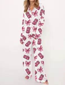 Pink Coquette Pepper Drink Satin Pajama Set For Women, Pajamas Short Set Sleepover