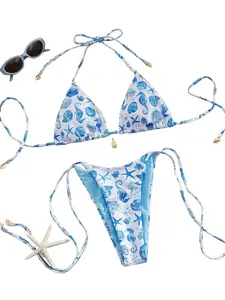 Women's Bikini Set, Halter Bikini Swimsuit, Ocean Animal Pattern Design, Shell Accessory Included, Sexy & Cute Beachwear, All Season Fashion