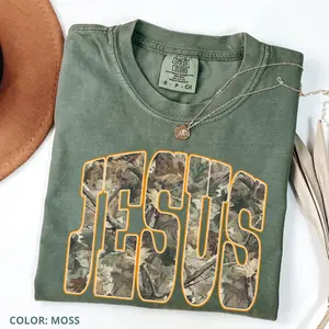 Comfort Colors Camo Jesus Shirt, Christian Camouflage T-Shirt, Faith Hunting Tee, Country Christian Graphic Shirt, Moss Green Jesus Tee Gift