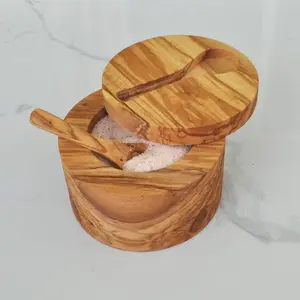 Olive Wooden Salt Cellar with Magnetic Lid - Elegant Kitchen Seasoning Jar, Preserving Container with Inset Salt Storage Utensil Spoon, Kitchen Utensils & Gadgets Containers