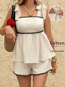MaterniRIO Cotton Maternity Summer Set - Chic Khaki Contrast Trim Camisole & Shorts 2PCS Outfit for Pregnant Women Vacation