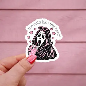 Valentines Day Spooky Girly Ghost Face Sticker, Pink Horror Aesthetic Vinyl Car Decal, Cute Funny Sassy Goth Sticker for Laptop Water Bottle