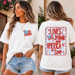 Loves Jesus and America Too Shirt Sweatshirt, 4th of July Patriotic  Bow Tee American Flag