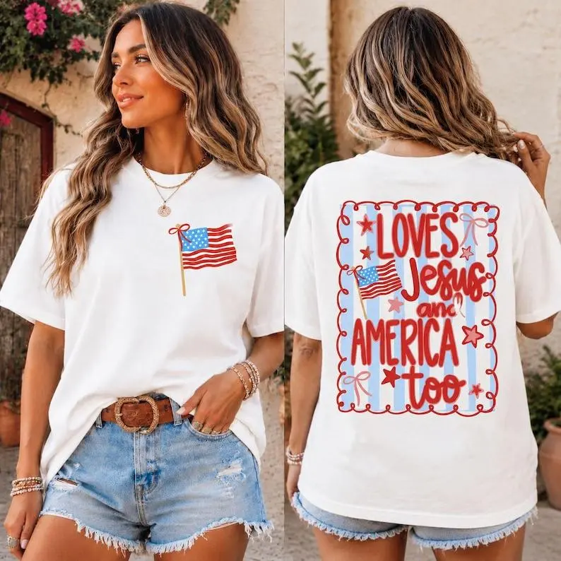 Loves Jesus and America Too Shirt Sweatshirt, 4th of July Patriotic  Bow Tee American Flag
