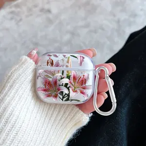 Graceful Lily Blooms Pattern TPU Soft Protective Case for Apple AirPods 4/3/2/1/Pro/Pro2 Transparent Earphone Cover with Keychain Attachment