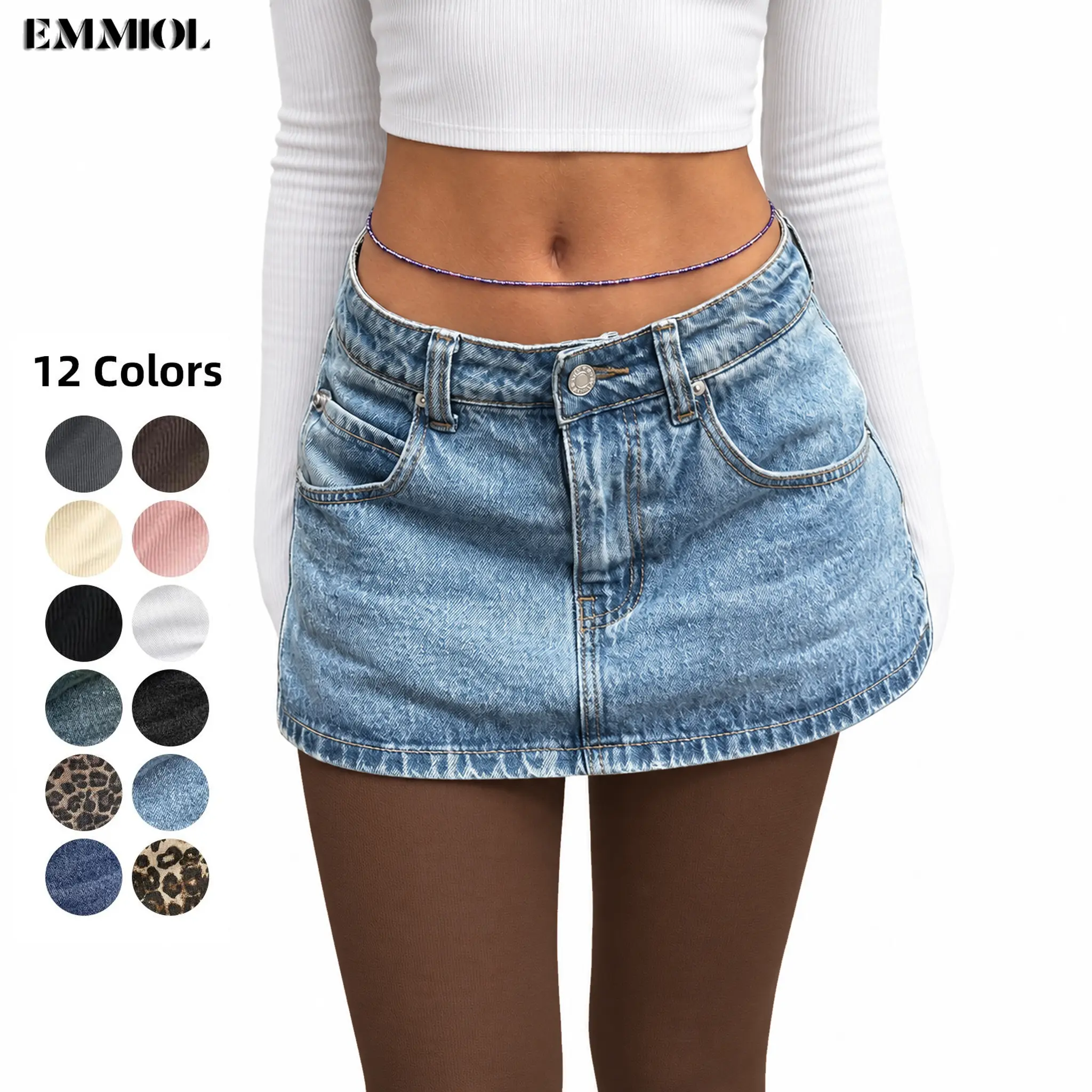 EMMIOL Low Waist Denim Skirt Skorts Mini Denim Shorts Bodycon Mini Jean Skirt Vintage Y2K Skirt for Women - Casual Style Regular Fit Above Knee Cotton Material Multi Belt Loops Chic Womenswear Machine Washable Summer vibes SohoChic【Back to School】
