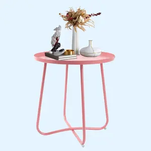 ACEHOME Outdoor Side Tables,Round Modern Home Decor Coffee Tea Side Table,Small Metal Sofa Side Snack Side Table, Simple Style Table for Living Room Bedroom and Garden Balcony Yard Porch Patio(Pink)