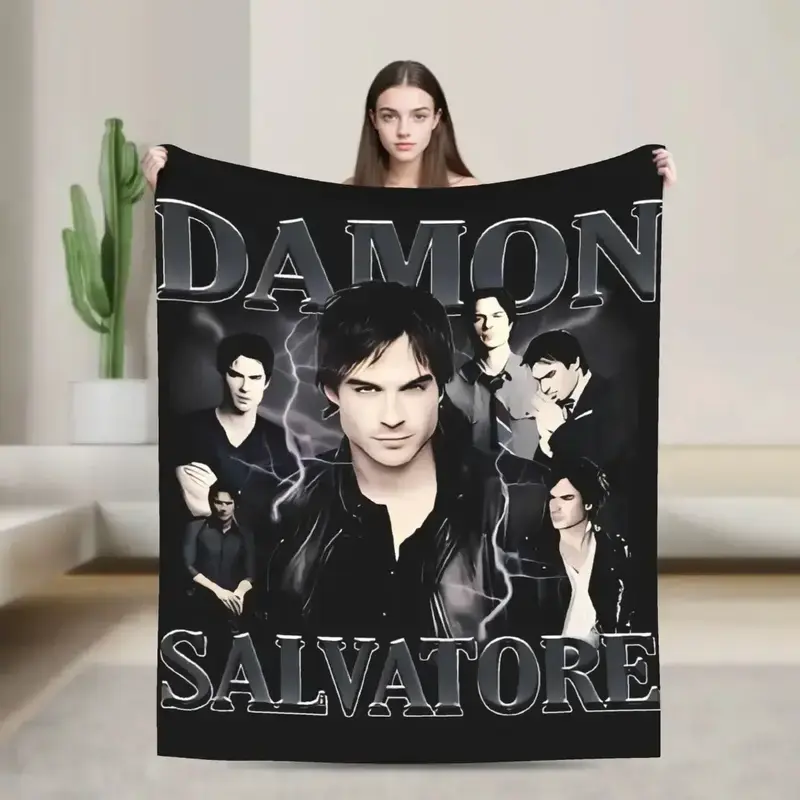 Vampire Diaries Damon Salvatore Throw Blanket Gothic Vampire Portrait Flannel Blanket Bedroom Accent Halloween Sofa Styling Dorm Lounge Reading Corner TV Night Decor Gift Drama Collector Rooms Moody Style Air Conditioning Summer Back to School