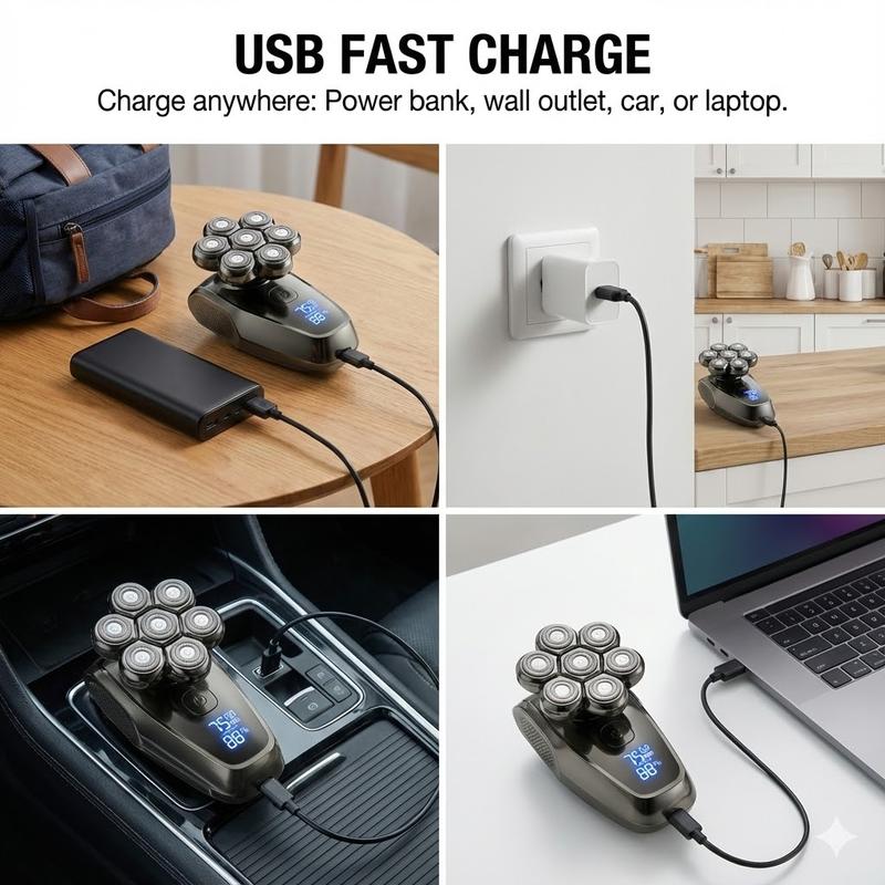 FLITOK Electric Head & Face Shaver for Bald Men 6-in-1 Waterproof IPX7 7D Magnetic Razor Type-C Fast Charge LCD Screen Nose Trimmer & Face Brush Kit Travel Ready