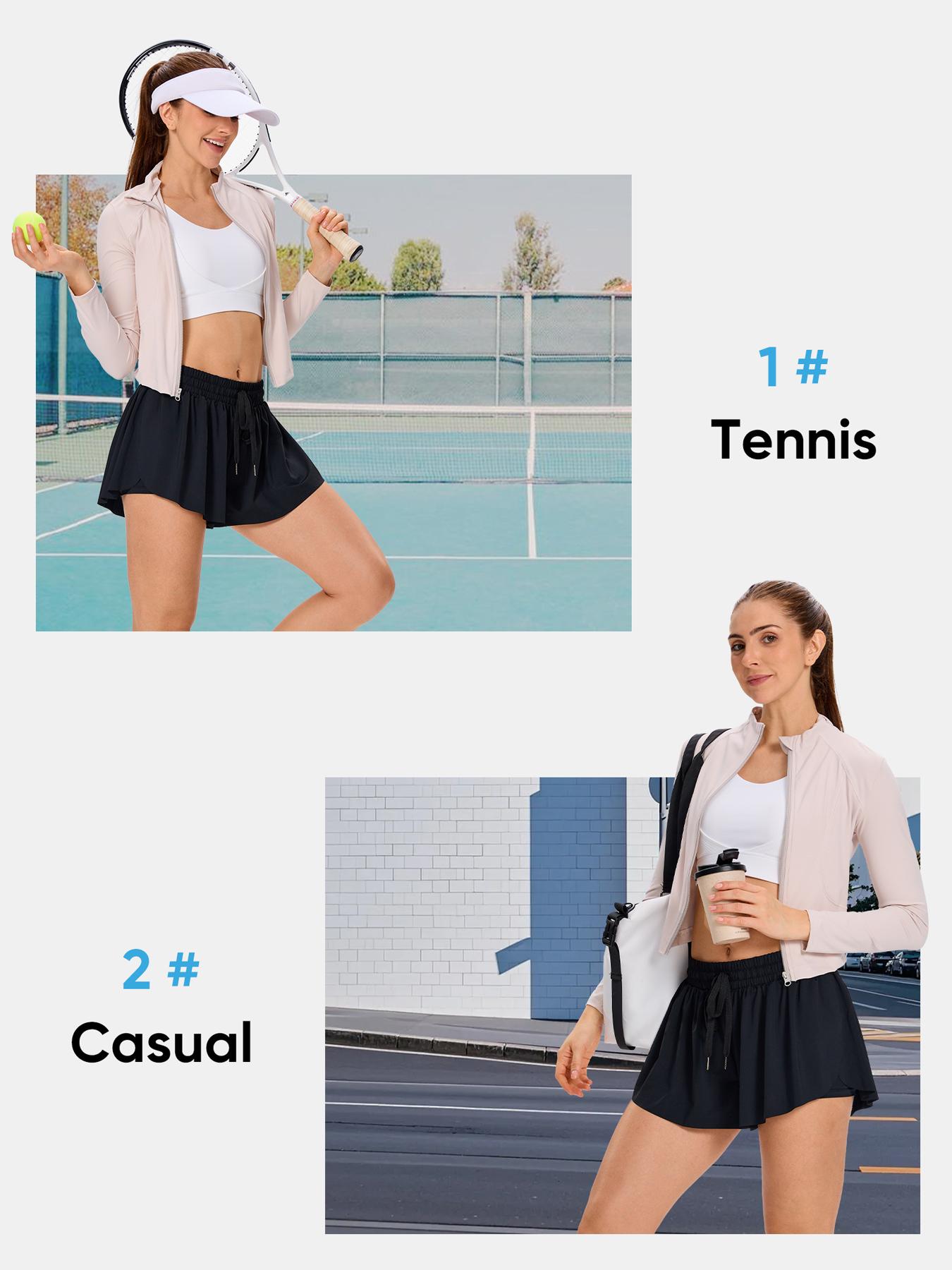 Women's 2-in-1 Flowy Athletic Skort, High Waist Tummy Control Tennis Shorts with Pockets, Elastic Drawstring Running Shorts for Gym Workout Casual Summer