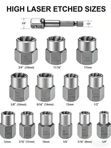 14 Piece Impact Bolt & Nut Remover Set,Bolt Extractor Tool Set, 13+1 Counts Impact & Nut Remover ,Multifunctional Nut Extractor Set, 1/4" to 3/8" Set for Removing Damaged,Frozen,Rusted,Rounded-Off Bolts,Nuts and Screws,Rugged Construction