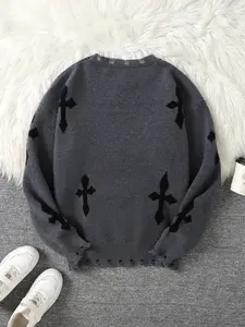 Men's Casual Round Neck Knit Sweater, Halloween Gift Idea, Trendy Hole Design, Cross Pattern Jacquard Pullover for Fall & Winter