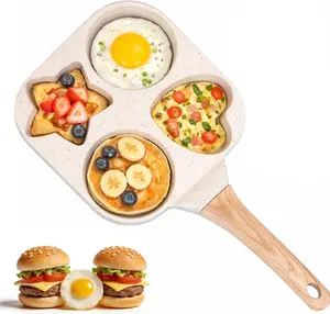 Multifunctional Non-stick Egg Frying Pan – 4 Holes Skillet with Wooden Handle,Medical Stone,Breakfast Skillet for Eggs,Pancakes,Burgers & Sandwiches,Multi-Section Omelet Maker,Kitchen Gadget for Busy mom,Dorm & Apartment Essentials Cookware