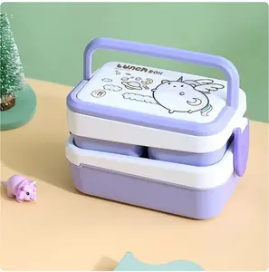 Kawaii Bento Style Lunch Box with Handle for School Girl Boy Portable Microwavable Food Storage Container Leakproof 2 Layer Divide Bento Box Spoon Fork Kids Tableware adventure