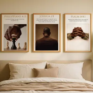 Black Man Christian Wall Art Set of 3, Faith Scripture Prints, Philippians 4:13, Joshua 1 9, Bible Verse Wall Art, Masculine Prayer Decor