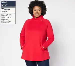 Denim & Co. Petite French Terry Mock Neck Tunic with Plaid Trim