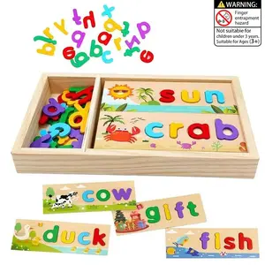 1 set of children's wooden word spelling puzzle toy, baby English letter recognition and spelling learning tool, Preschool Alphabet Tool, preschool educational toy (with wooden box & letter cards)