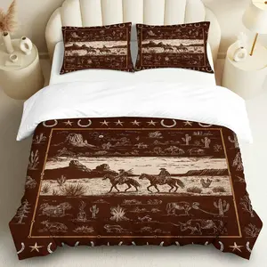 3PCS Duvet Cover Set, 1 Duvet+2 Pillowcases(Without filler), Western Horse Desert Cowboy Cactus theme, Christmas bedding set, Rustic Vintage Country Decor Suitable for decoration Bedroom, Guest Room, Lodge, Cabin.