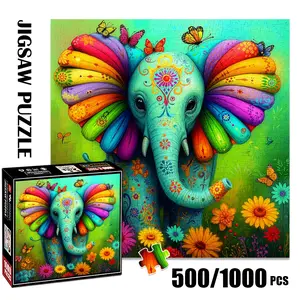 1pc 1000 piece adult puzzle 58x58cm Colorful Painted Elephant with Butterflies and Flowers 500 pieces of paper puzzle, suitable for adults and families, large-scale DIY puzzle interactive toy games,