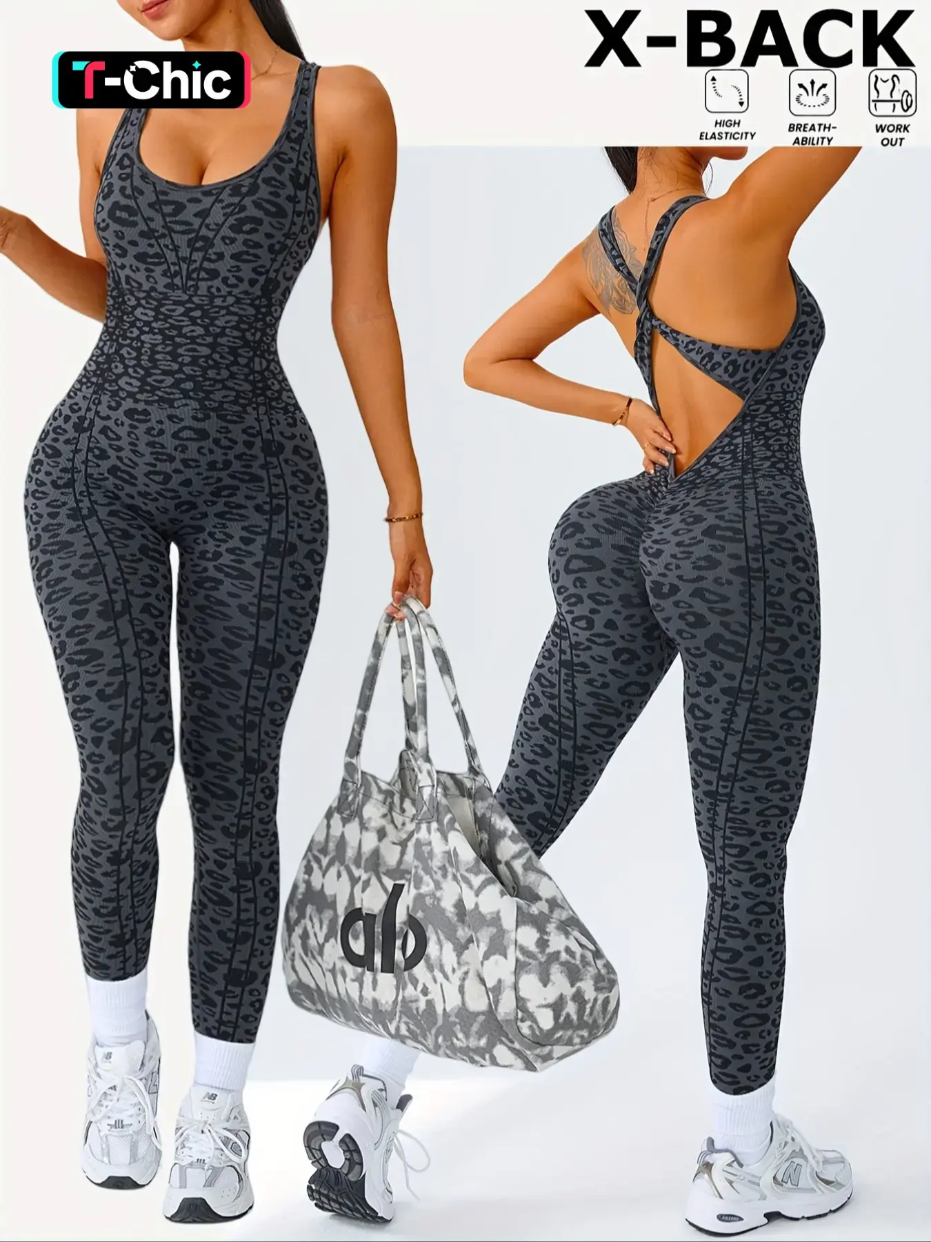 Women's Summer Leopard Printed Jumpsuit, Cross Back Design, High Waist Butt Lifter, Comfortable Sporty, Athleisure Style, Workout Jumpsuit, Sports Jumpsuit, Yoga Jumpsuit, Sports Clothes, Fitness Outfits, Yoga Workout Jumpsuits, Long Sleeve Above Ankle