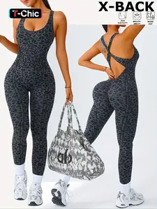 Women's Summer Leopard Print Jumpsuit, Cross Back Design, High Waist Butt Lifter, Comfortable Sporty, Athleisure Style, Workout Jumpsuit, Sports Jumpsuit, Yoga Jumpsuit, Sports Clothes, Fitness Outfits, Long Sleeve Above Ankle