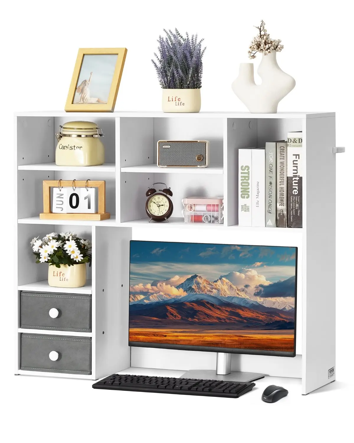 Desktop Bookshelf 3-Tier Storage Organizer, 37 x 10 x 31.1-Inch Wood Display Rack Hutch with Two Fabric Drawers, Office Desk Storage, Home and Dorm Organization, White Finish, Space-Saving Bookcase for Books and Binders