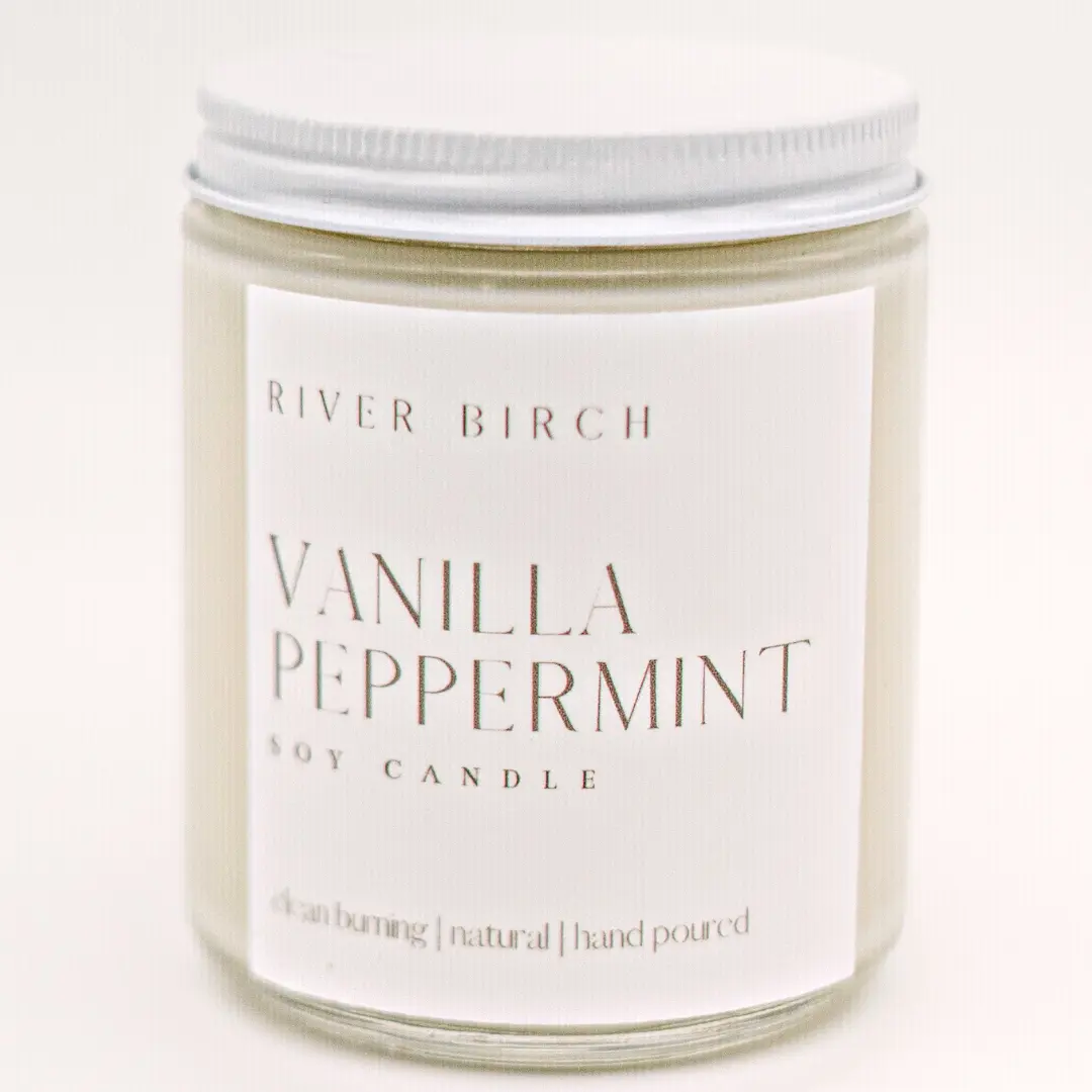 River Birch Vanilla Peppermint Soy Candle 8.5 oz Clear Jar 100% Soy Wax Organic Cotton Wick Natural Fragrance Decor Ornament
