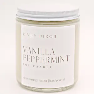 River Birch Vanilla Peppermint Soy Candle 8.5 oz Clear Jar 100% Soy Wax Organic Cotton Wick Natural Fragrance Decor Ornament