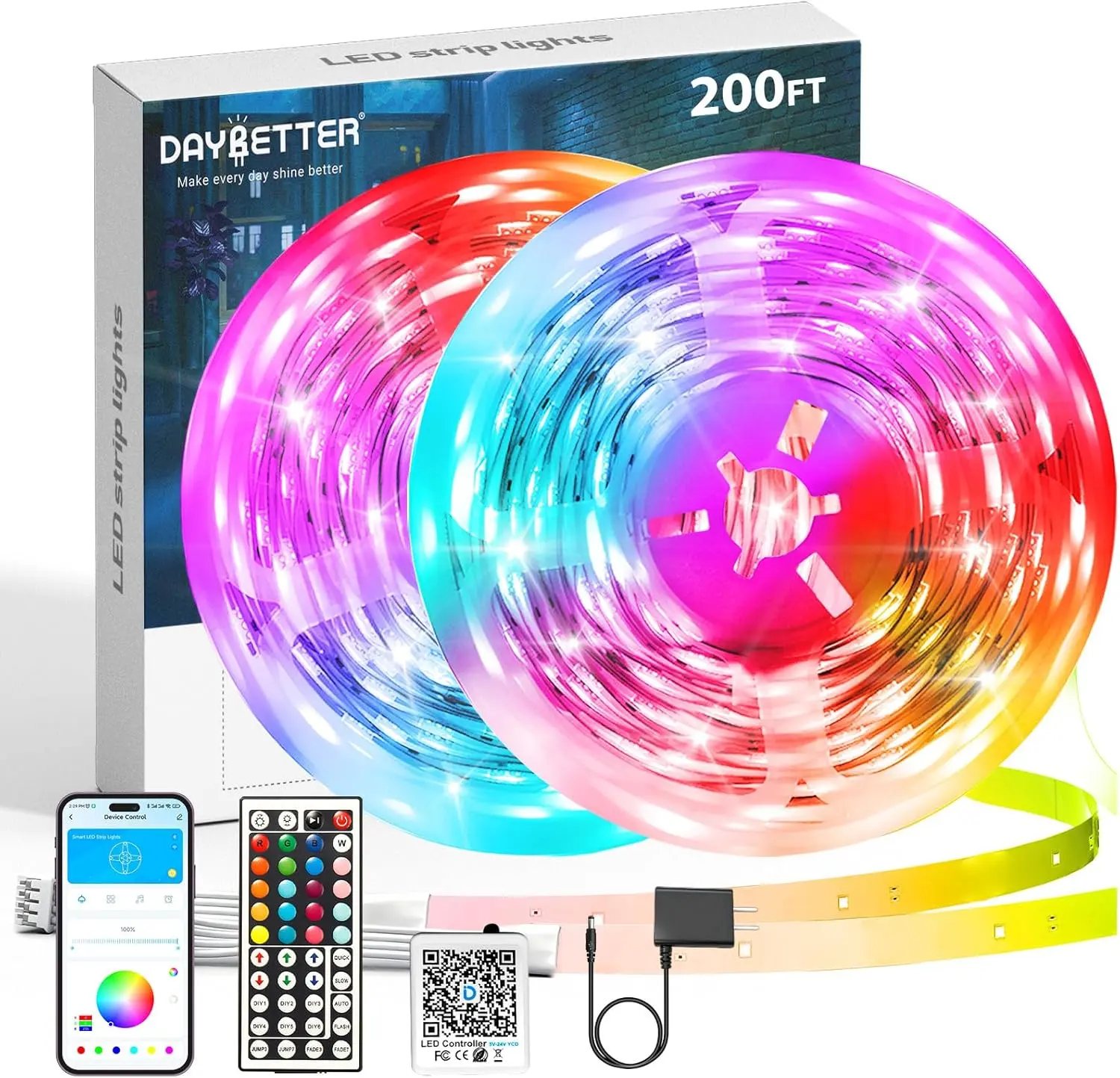 DAYBETTER Led Strip Lights 200 ft (2 Rolls of 100ft) Smart Led Light Strips with Remote and App Control, RGB Music Sync Color Changing Led Lights for Bedroom, Kitchen, Party, Home Decor