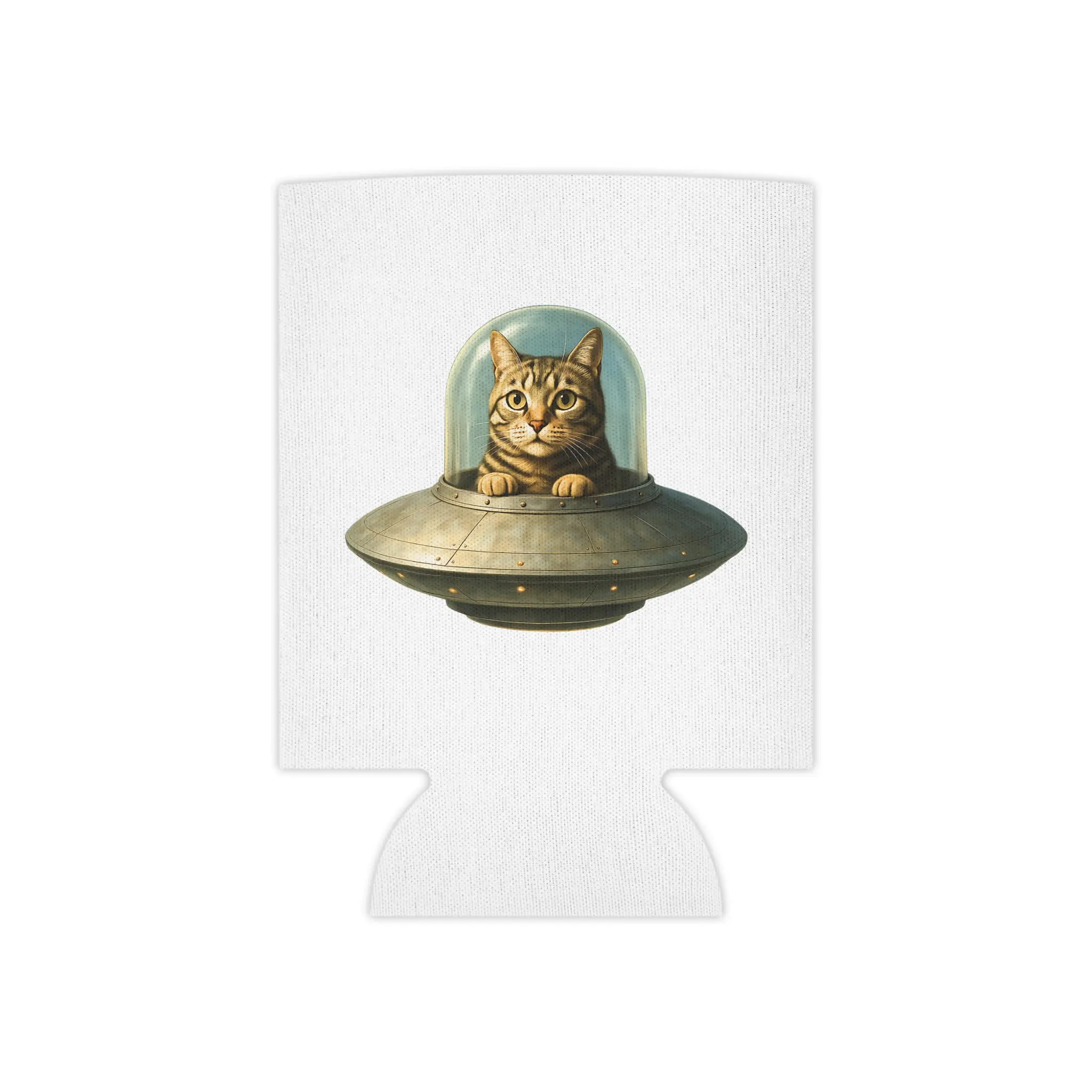Cat UFO Can Cooler, Alien Cat Koozie, Space Cat Drink Sleeve, Sci Fi Cat Gift, UFO Cat Lover Gift, Funny Cat Can Cooler