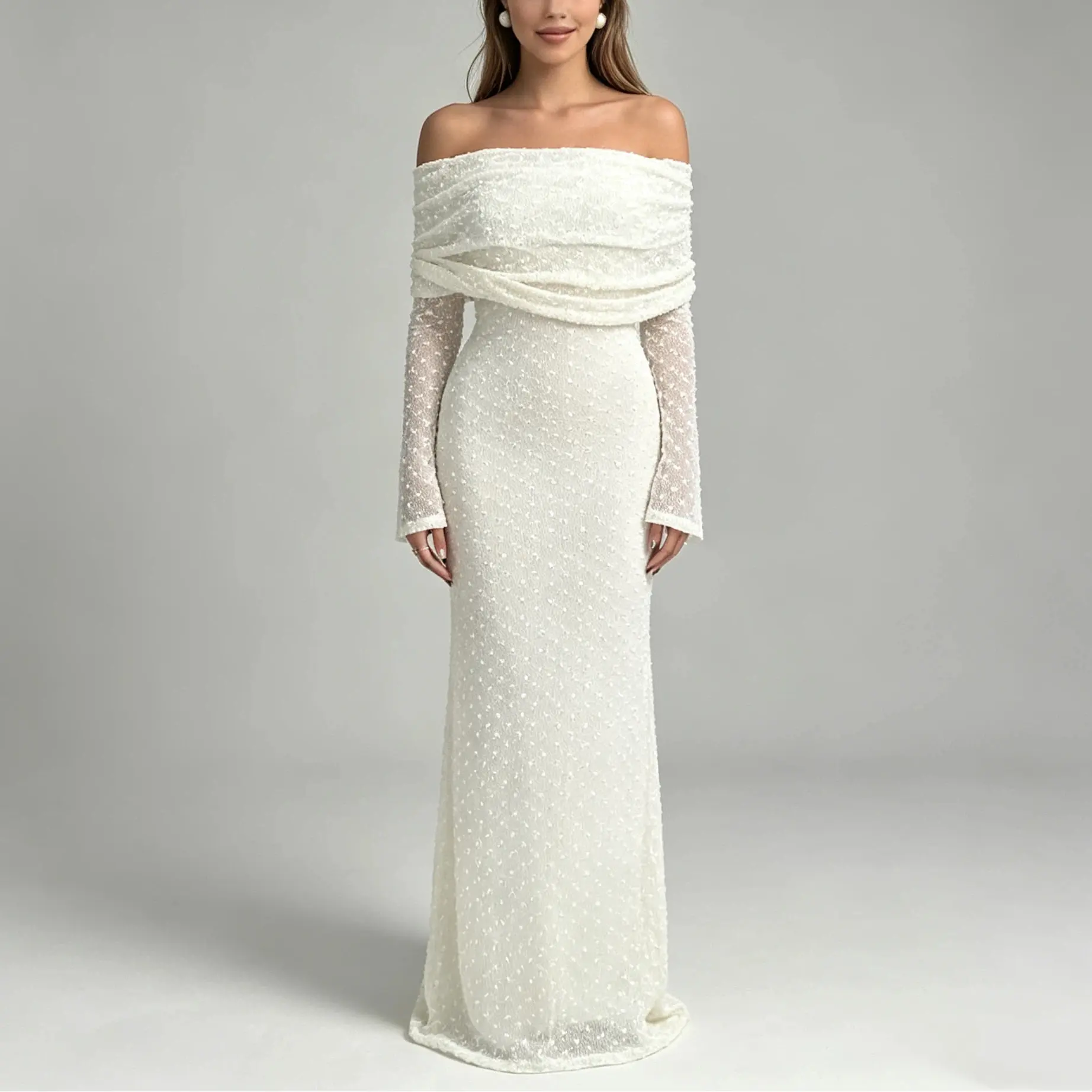 Off-the-shoulder white tulle mermaid evening dress with draped details and a dot pattern, elegant long dress suitable for engagement parties and wedding receptions.