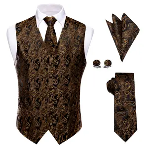 AILISUS Luxury Fashion Black Gold Mens Vest Tie Set 4PC Formal Casual Vneck Waistcoat Paisley Floral Jacquard Sleeveless Suit Vests Menswear Elegant