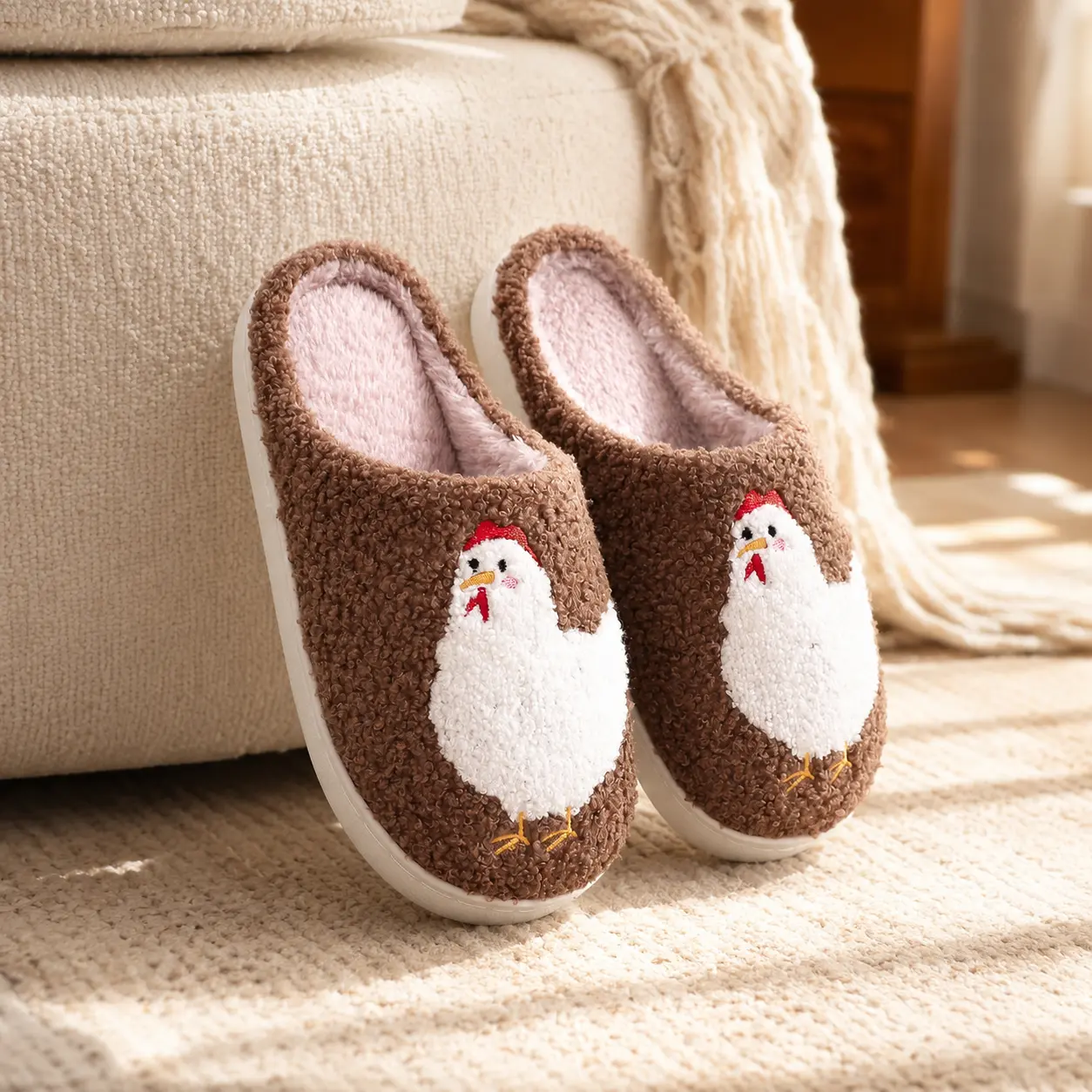 Women's Cute Chicken Slippers, Fuzzy Plush House Shoes, Warm Non Slip Indoor Slides for Bedroom, Winter Home Wear and Cozy Gifts