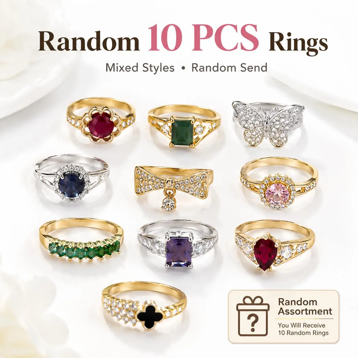 10 PCS Random Assorted Rings for Women, Mixed Gold-Tone & Silver-Tone Fashion Rings with Colorful Decorative Stones, Surprise Jewelry Bundle, Styles and Sizes Chosen at Random