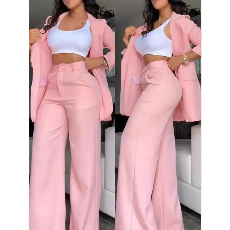Women's suit Top Suit Pants Two-piece Set Temperament Women's Comfortable Basic Fluorescent Yellow Simple Short suit Spring Less Denim Two-piece Set Women's Two-piece Set creative wide leg jean minimalist lady tech fleece   Clothes Trouser Womenswear