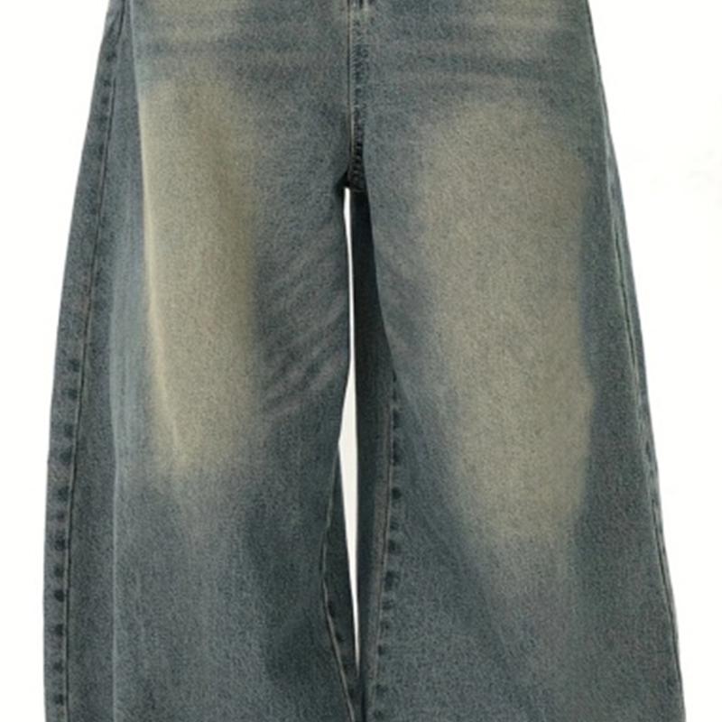 Clean Gent Vintage Washed Jeans Men's Loose Fit Wide Leg Denim Pants American Street Style Casual Trendy All Season Apparel