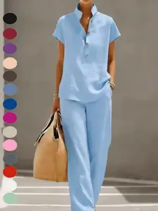 Women's Casual Lazy Style Open Front Short Sleeve Top and Long Pants Matching Set, Solid Color Cross-Border Fashion, Comfortable Daily Wear