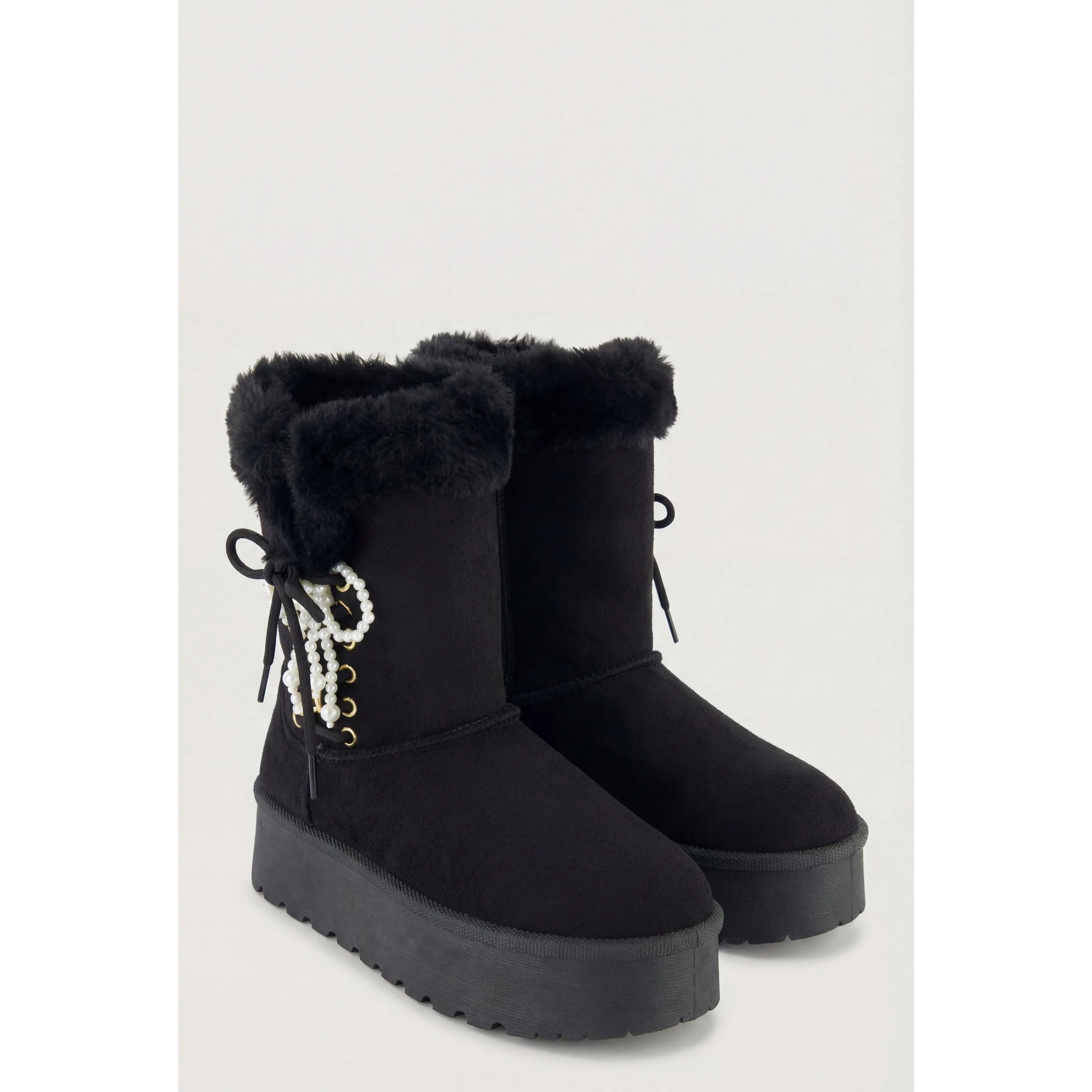 Pearl Bow Lace-Up Winter Boots
